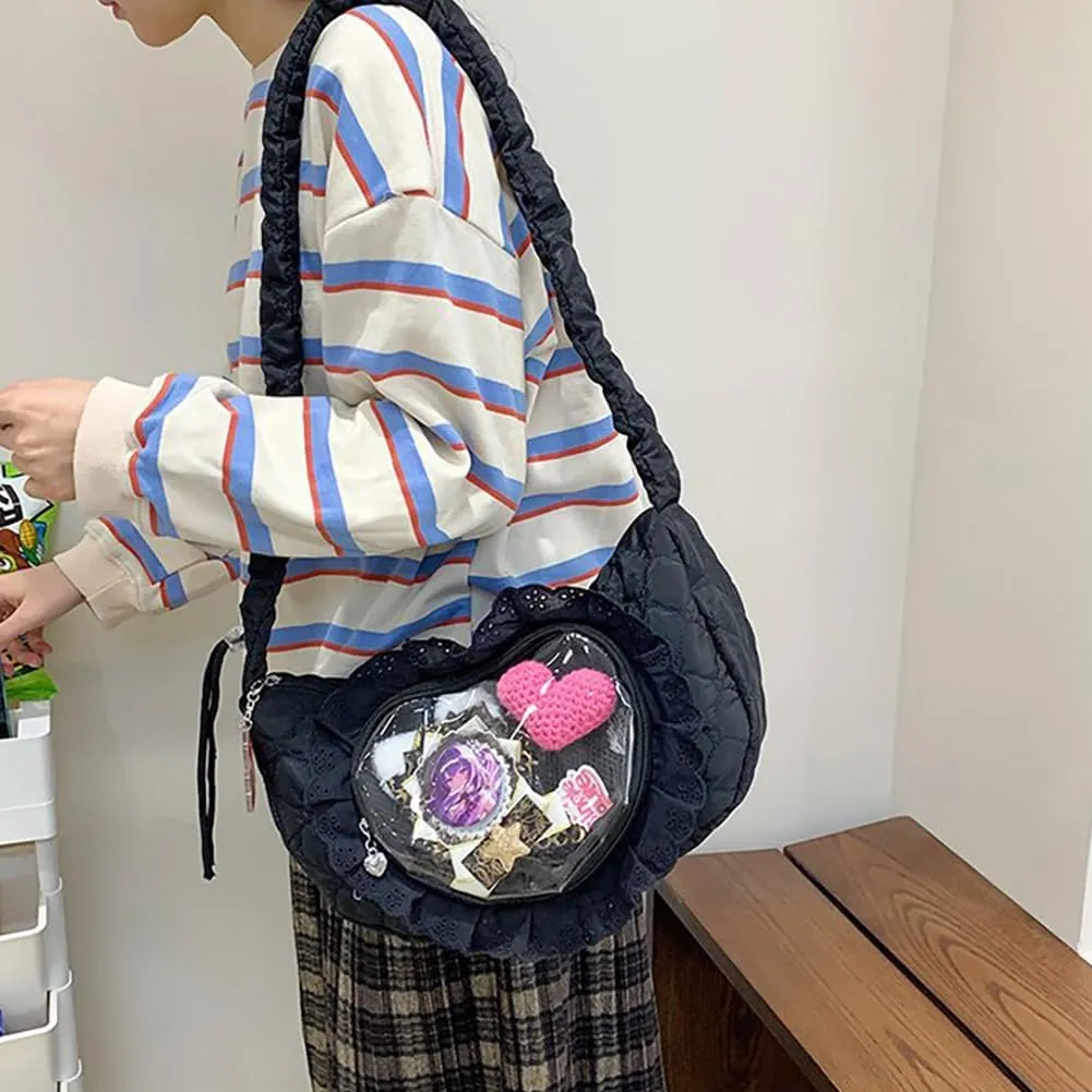 Ita Bag Dumpling Shaped Love Lace Shoulder Bag, Japanese Cute Quilted Satchel Drawstring Crossbody Purse, Clear Window Tote
