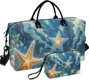 Jellyfish Glitter Starfish Duffel Bags Travel Toiletry Bag Set of 2, Flower Small Gym Bag Carry on Bags for Airplanes