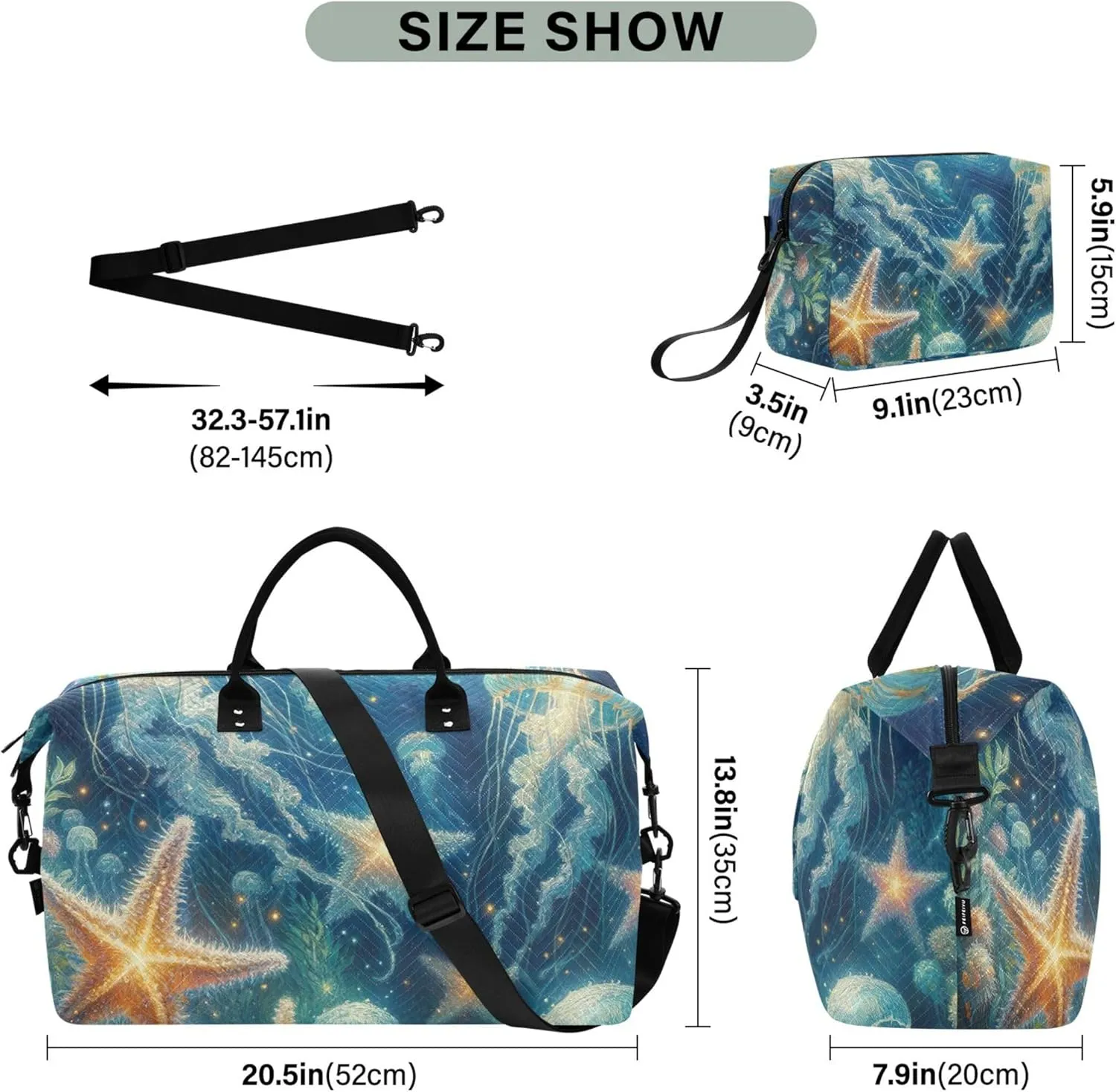 Jellyfish Glitter Starfish Duffel Bags Travel Toiletry Bag Set of 2, Flower Small Gym Bag Carry on Bags for Airplanes