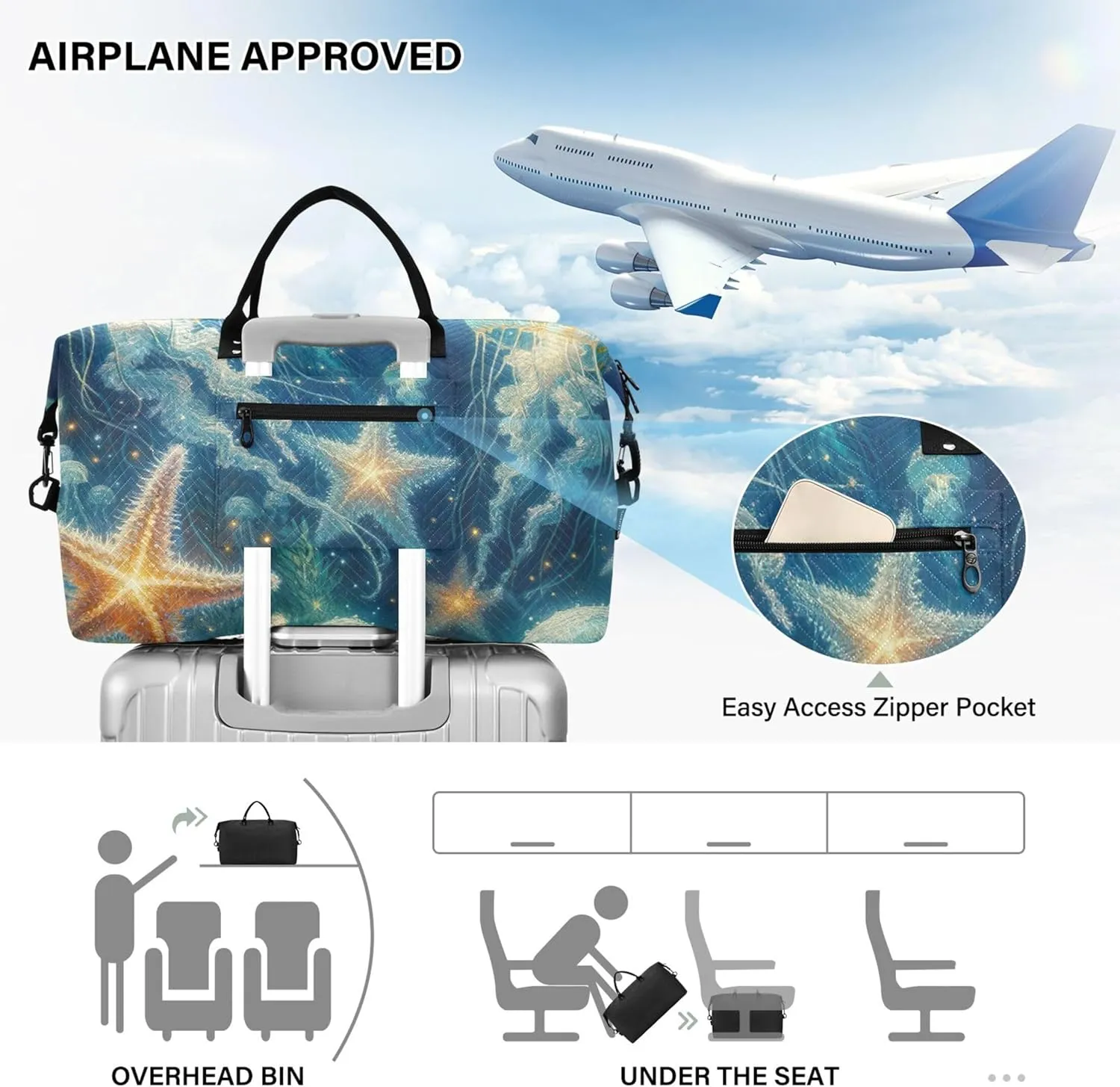 Jellyfish Glitter Starfish Duffel Bags Travel Toiletry Bag Set of 2, Flower Small Gym Bag Carry on Bags for Airplanes