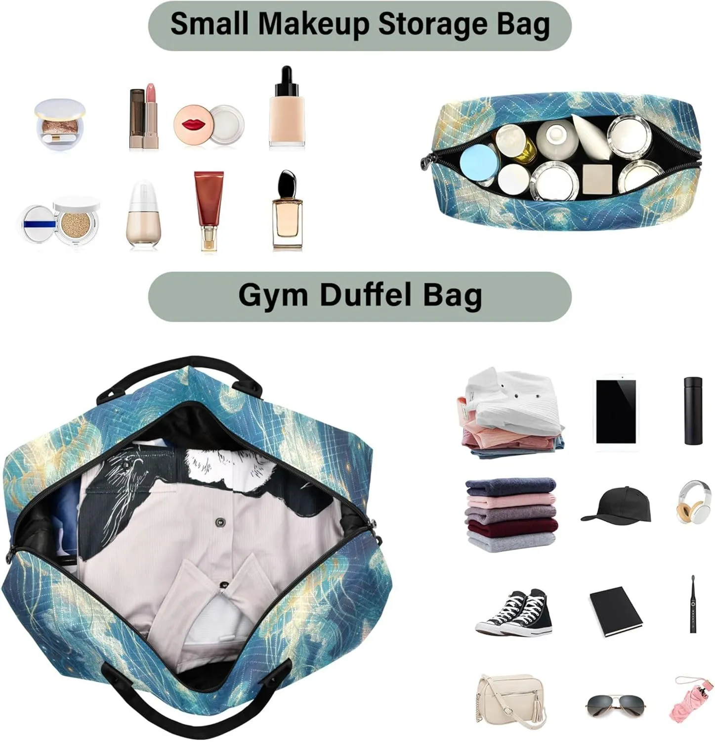 Jellyfish Glitter Starfish Duffel Bags Travel Toiletry Bag Set of 2, Flower Small Gym Bag Carry on Bags for Airplanes