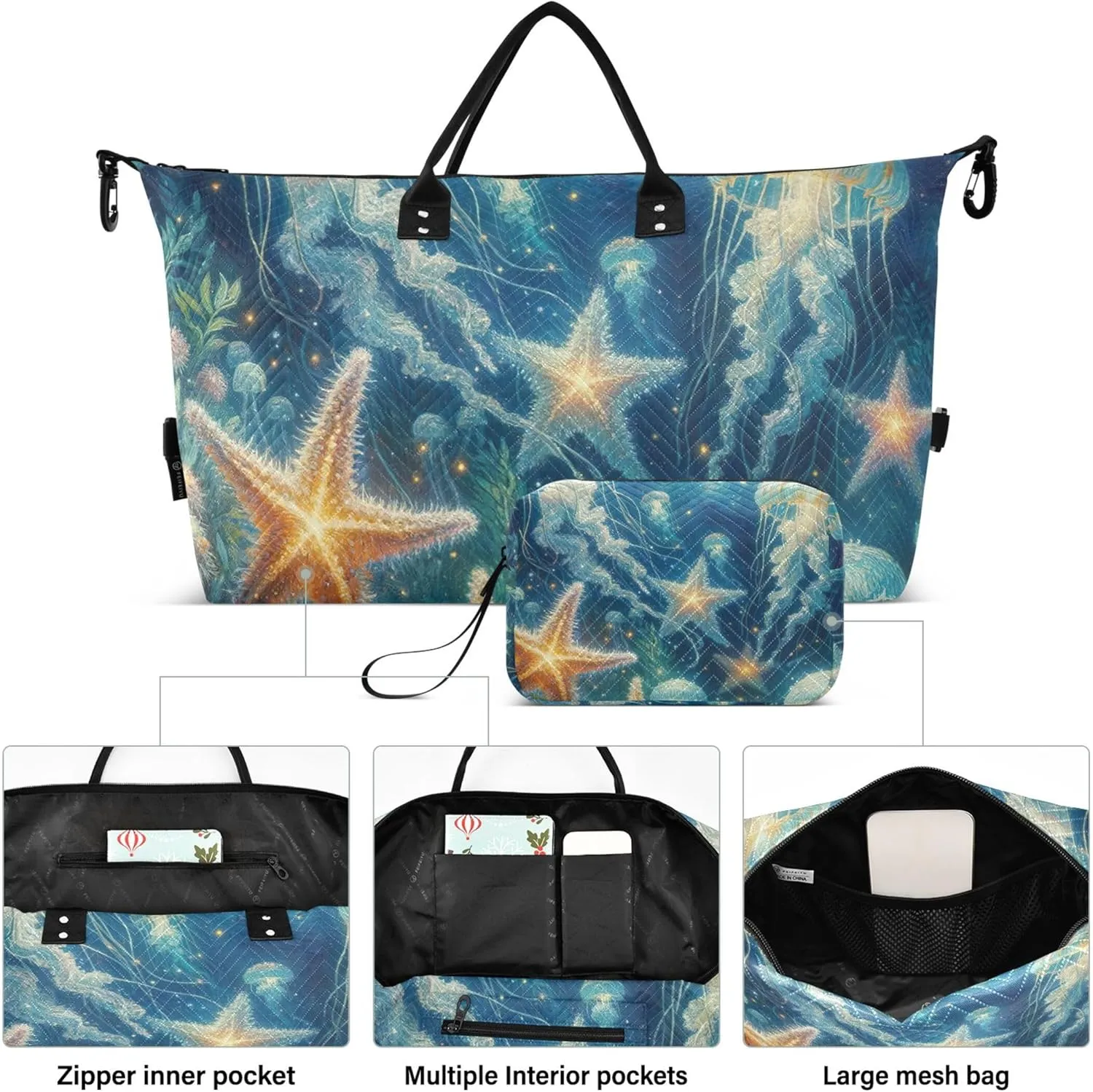 Jellyfish Glitter Starfish Duffel Bags Travel Toiletry Bag Set of 2, Flower Small Gym Bag Carry on Bags for Airplanes