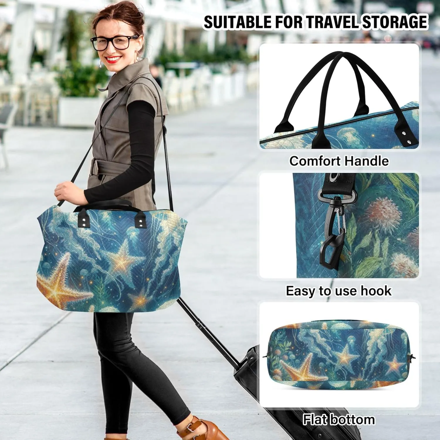 Jellyfish Glitter Starfish Duffel Bags Travel Toiletry Bag Set of 2, Flower Small Gym Bag Carry on Bags for Airplanes