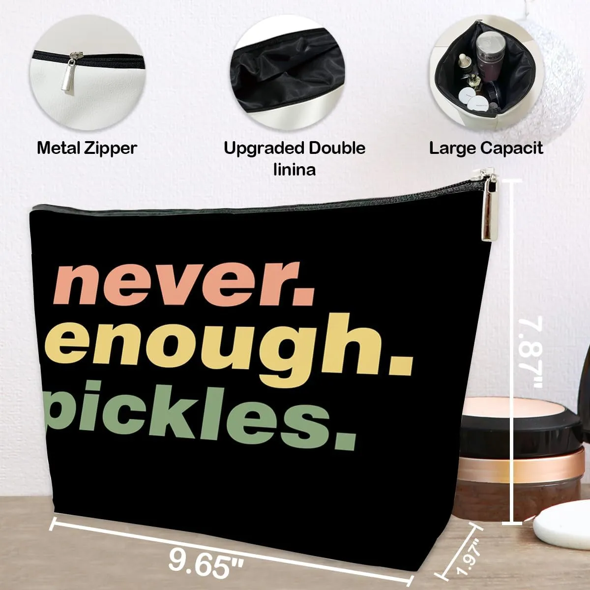JioJio Chan Funny Pickle Gifts Makeup Bag, Never Enough Pickles PU Leather Cosmetic Bag for Purse, Stuff and Gifts for Lovers