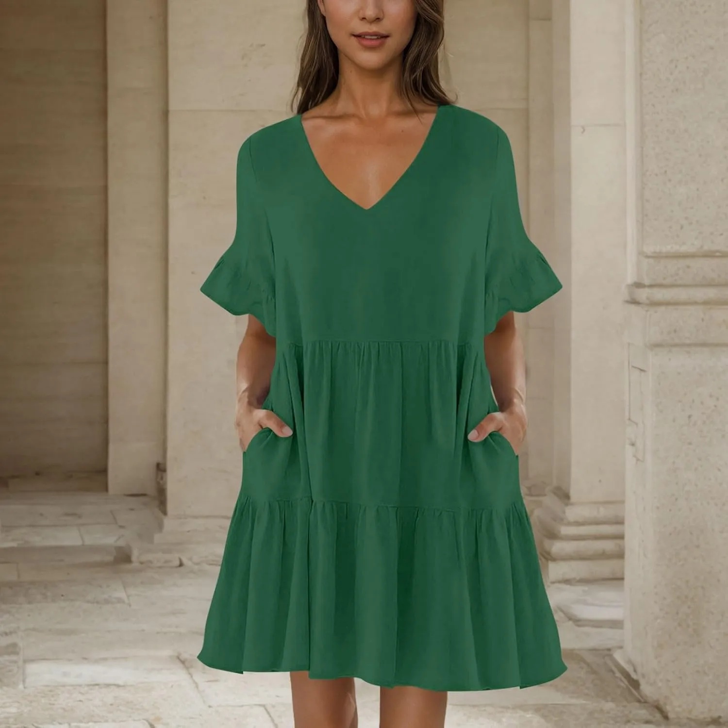 JOAU Dresses for Women Summer 2025 V Neck Short Ruffle Sleeve A Line Tiered Flowy Casual Trendy Mini Beach Dress with Pockets