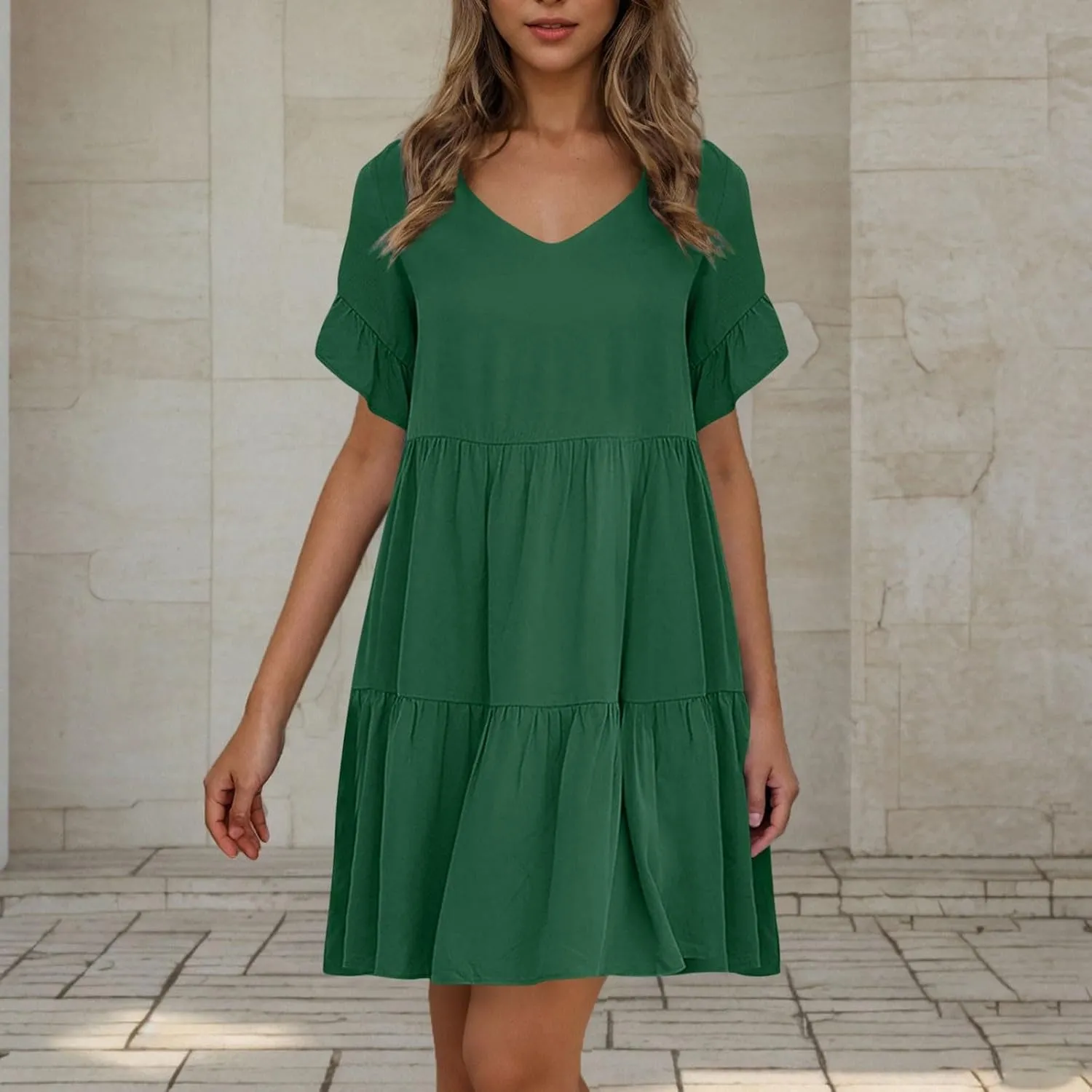 JOAU Dresses for Women Summer 2025 V Neck Short Ruffle Sleeve A Line Tiered Flowy Casual Trendy Mini Beach Dress with Pockets