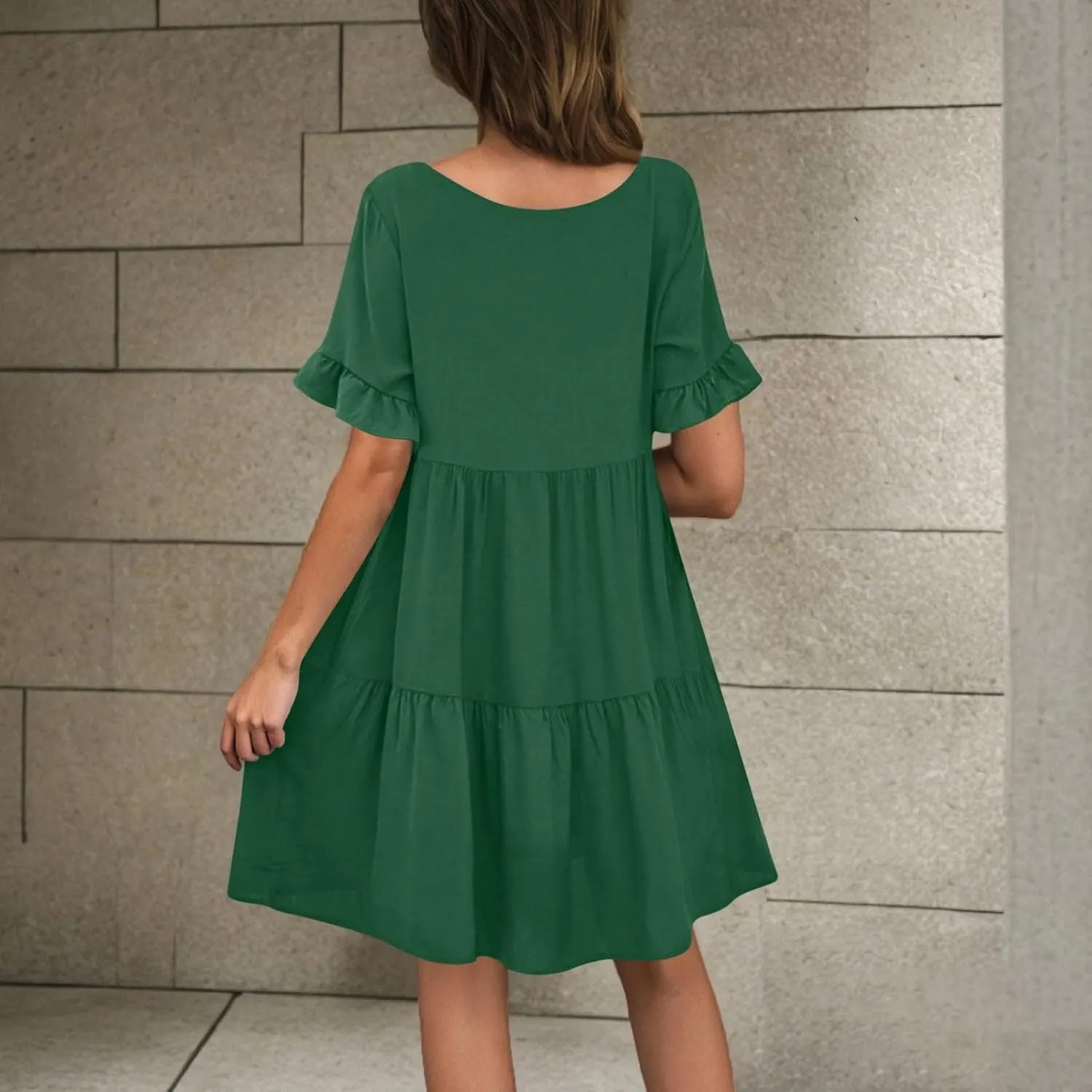 JOAU Dresses for Women Summer 2025 V Neck Short Ruffle Sleeve A Line Tiered Flowy Casual Trendy Mini Beach Dress with Pockets