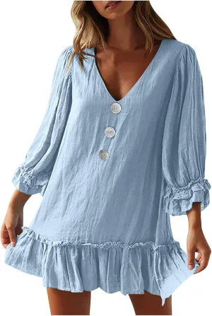 JOAU Women's 2024 Summer Mini Dress Casual V Neck 3/4 Puff Sleeve Button Dresses Loose Flowy Tiered Ruffle Hem Pleated Dress