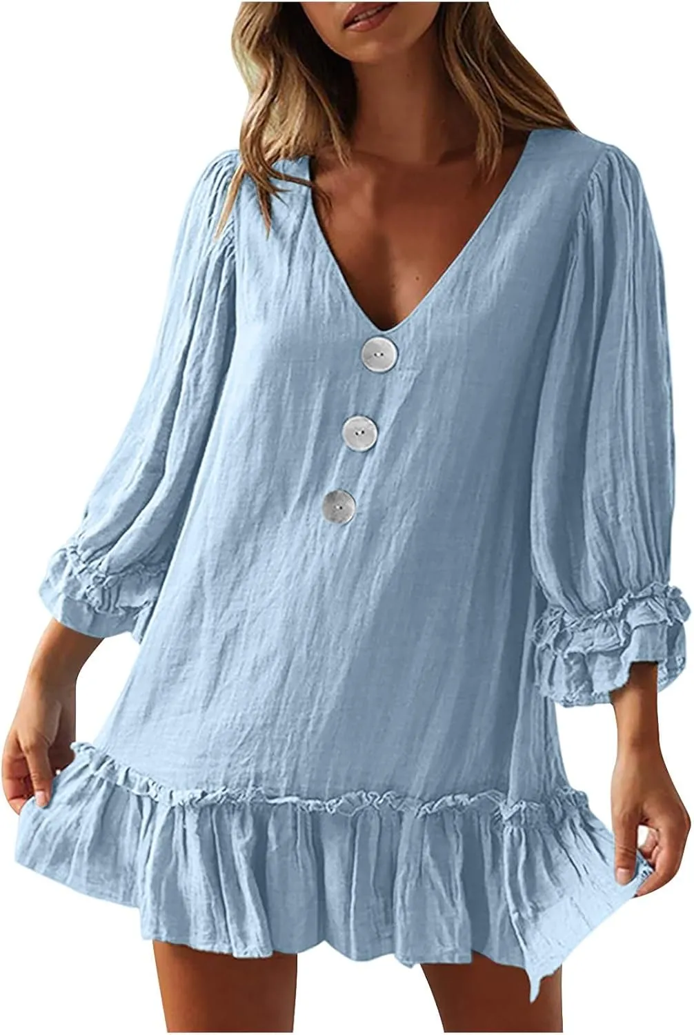JOAU Women's 2024 Summer Mini Dress Casual V Neck 3/4 Puff Sleeve Button Dresses Loose Flowy Tiered Ruffle Hem Pleated Dress