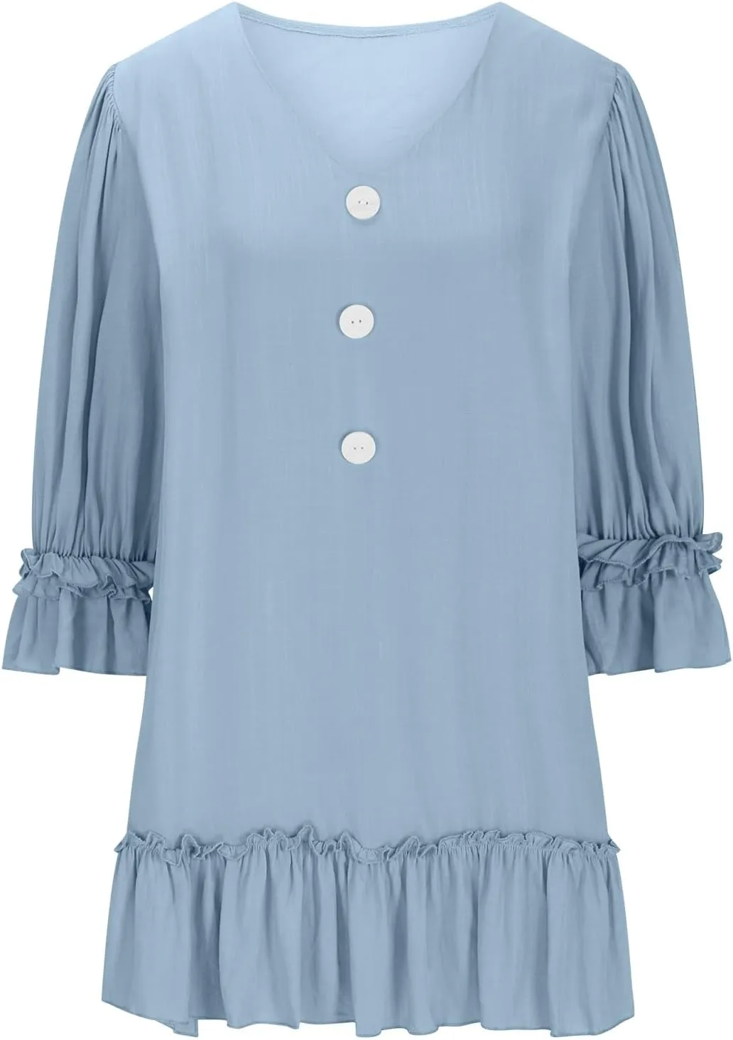 JOAU Women's 2024 Summer Mini Dress Casual V Neck 3/4 Puff Sleeve Button Dresses Loose Flowy Tiered Ruffle Hem Pleated Dress
