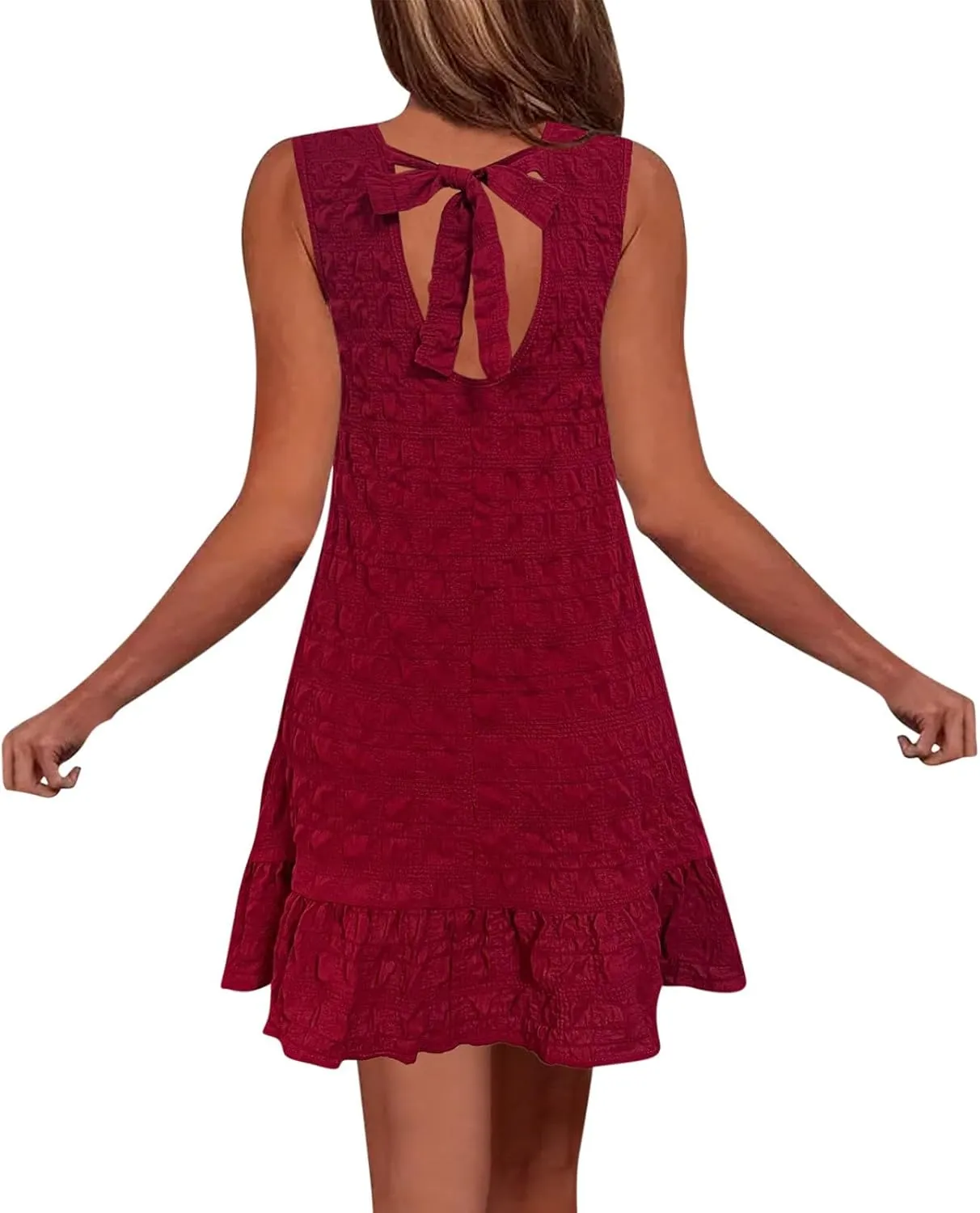 JOAU Womens Textured Sundress 2025 Summer Sleeveless Tie Backless Tank Dress Beach Vacation Boho Ruffle Hem Mini Dresses