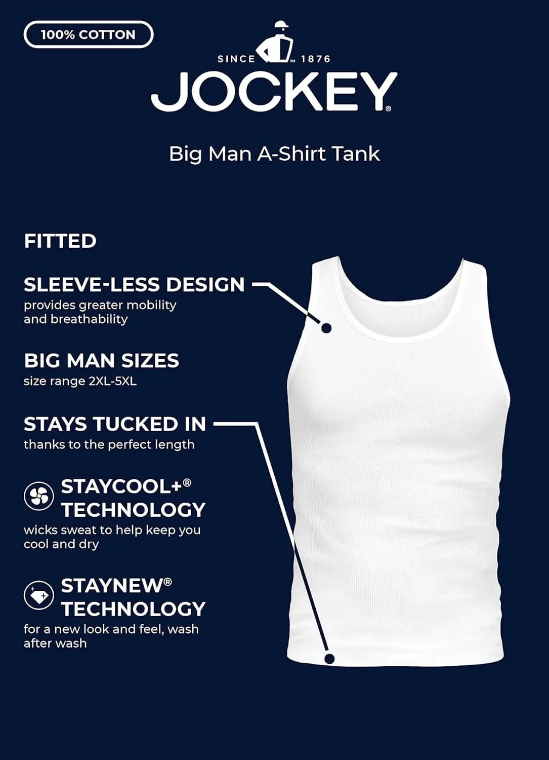 Jockey Men's Undershirt 100% Cotton Big Man A-Shirt Tank - 3 Pack