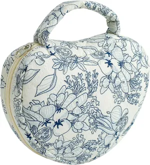 JOVAKIT Heart Shaped Quilted Makeup Bag Travel Cosmetic Bag for Women, Floral Coquette Cotton Makeup Case Toiletry Zipper Make Up Pouch with Handle, Travel Storage Organizer Pouch (Navy Blue Flower)