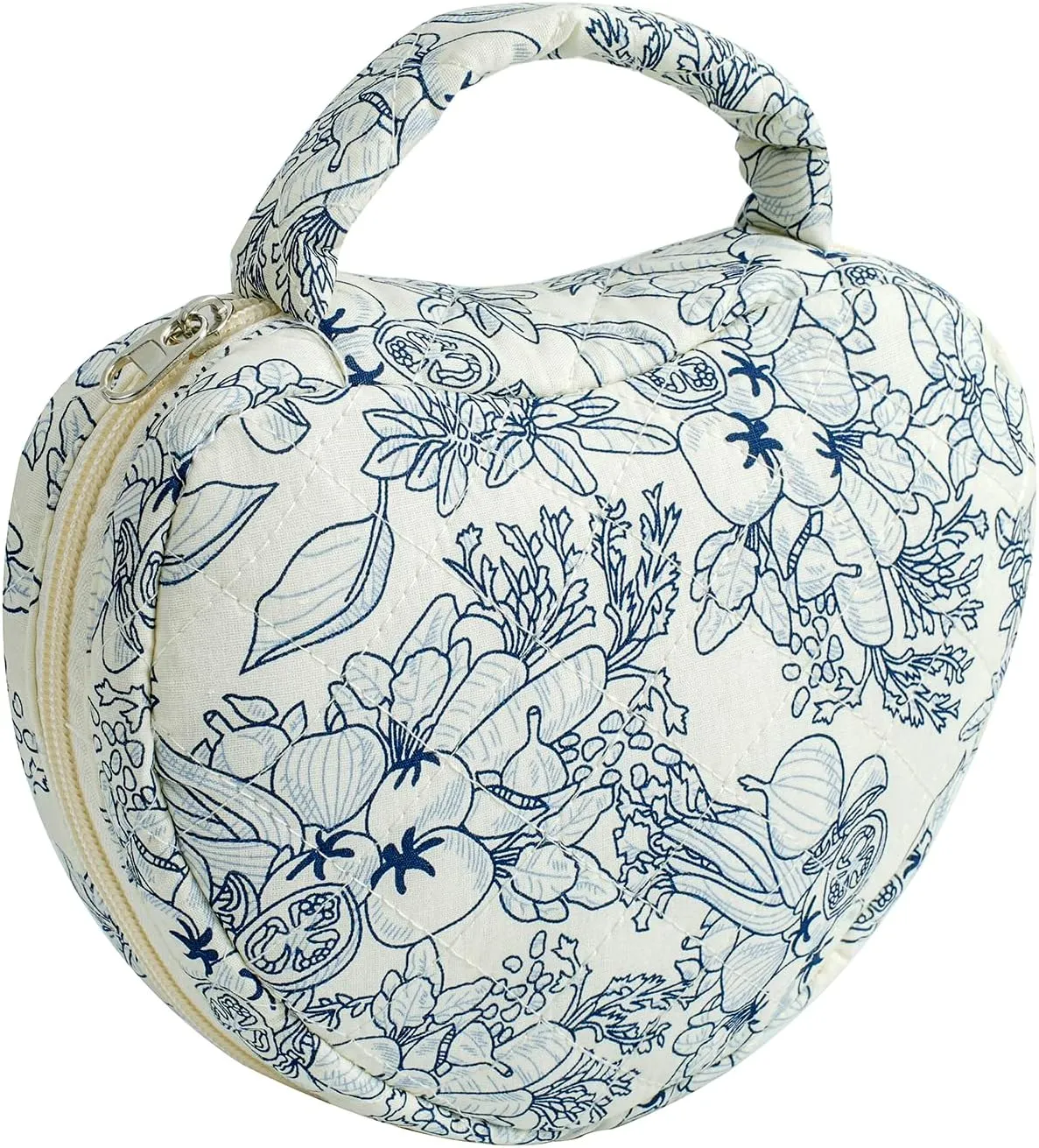 JOVAKIT Heart Shaped Quilted Makeup Bag Travel Cosmetic Bag for Women, Floral Coquette Cotton Makeup Case Toiletry Zipper Make Up Pouch with Handle, Travel Storage Organizer Pouch (Navy Blue Flower)