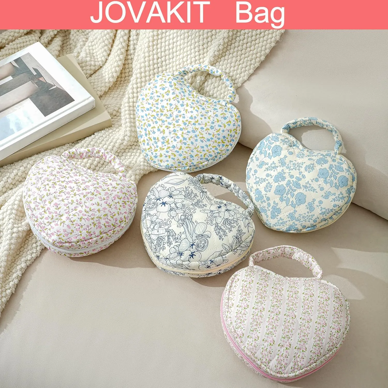 JOVAKIT Heart Shaped Quilted Makeup Bag Travel Cosmetic Bag for Women, Floral Coquette Cotton Makeup Case Toiletry Zipper Make Up Pouch with Handle, Travel Storage Organizer Pouch (Navy Blue Flower)