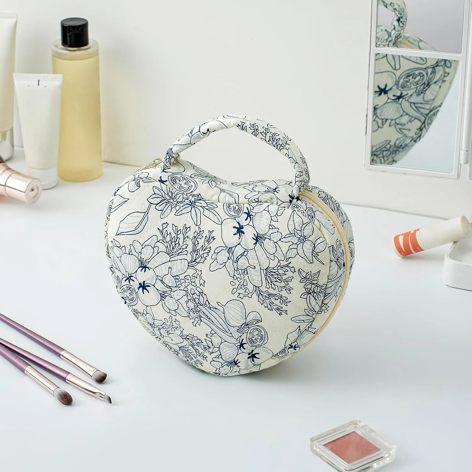 JOVAKIT Heart Shaped Quilted Makeup Bag Travel Cosmetic Bag for Women, Floral Coquette Cotton Makeup Case Toiletry Zipper Make Up Pouch with Handle, Travel Storage Organizer Pouch (Navy Blue Flower)