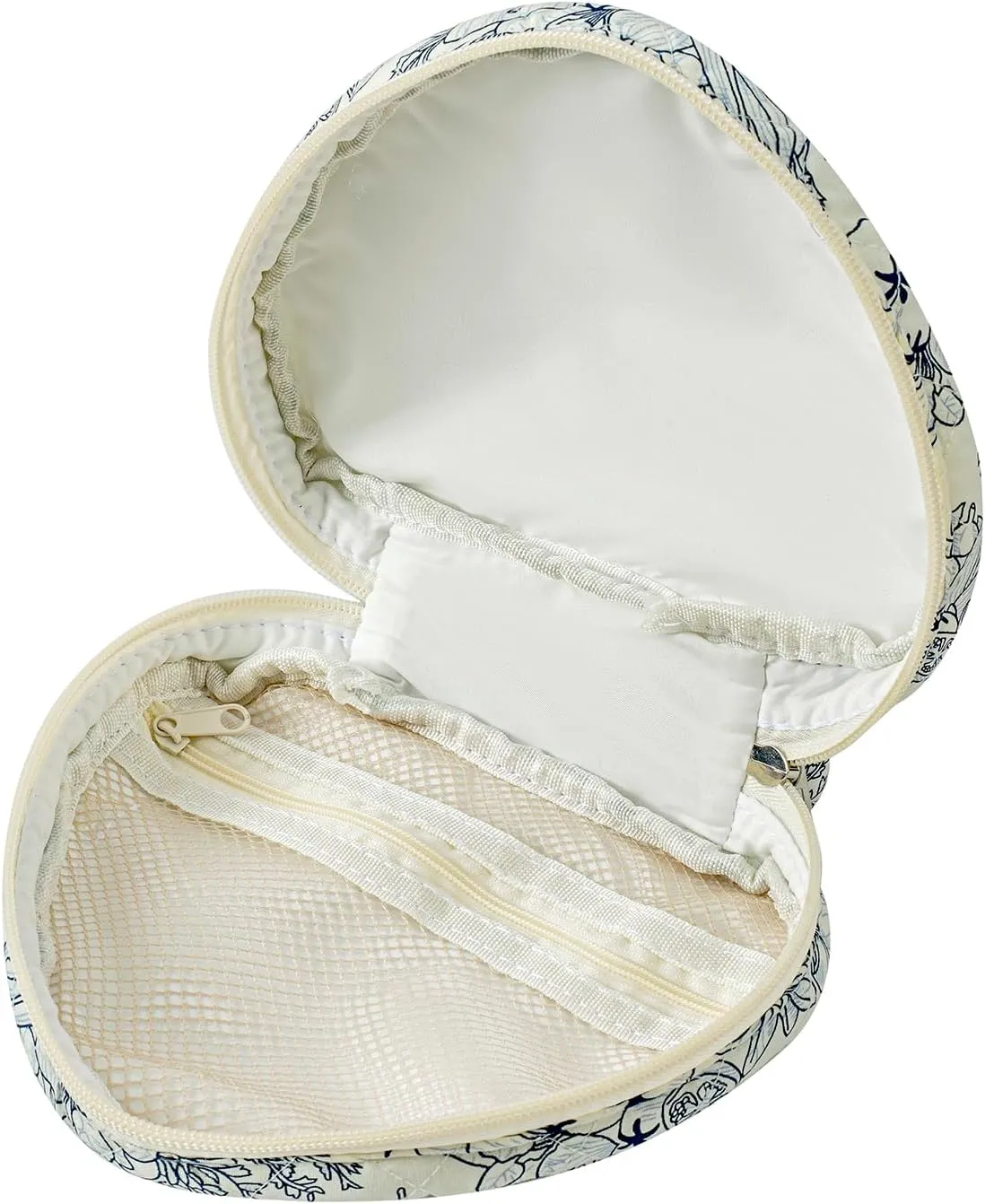 JOVAKIT Heart Shaped Quilted Makeup Bag Travel Cosmetic Bag for Women, Floral Coquette Cotton Makeup Case Toiletry Zipper Make Up Pouch with Handle, Travel Storage Organizer Pouch (Navy Blue Flower)