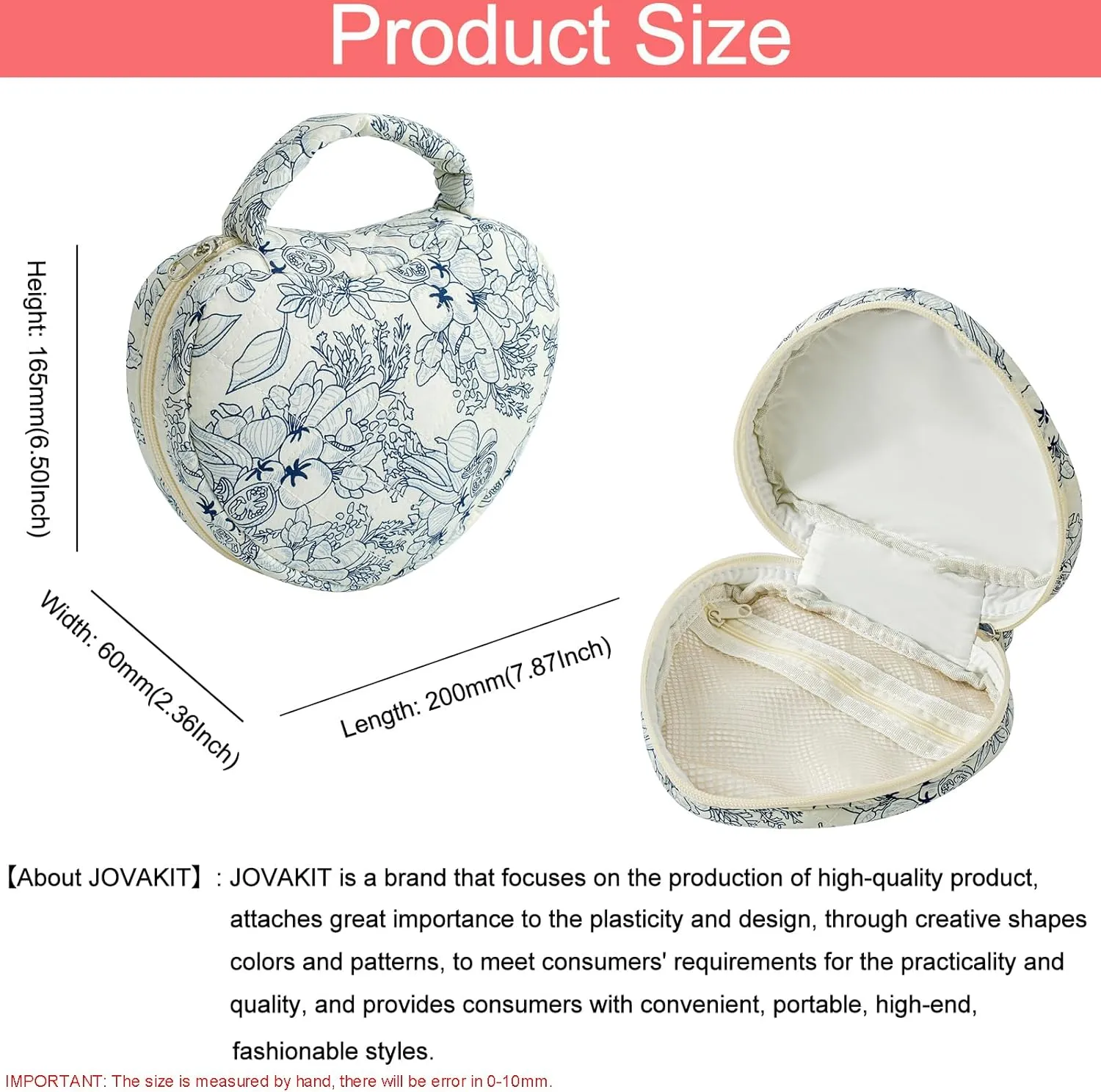 JOVAKIT Heart Shaped Quilted Makeup Bag Travel Cosmetic Bag for Women, Floral Coquette Cotton Makeup Case Toiletry Zipper Make Up Pouch with Handle, Travel Storage Organizer Pouch (Navy Blue Flower)