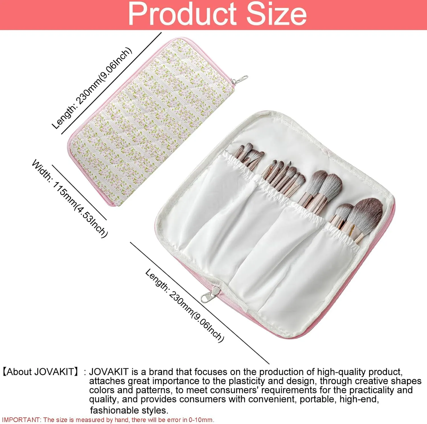 JOVAKIT Quilted Makeup Brush Holder Travel Cosmetic Bag for Women, Floral Coquette Cotton Makeup Brush Case Toiletry Zipper Make Up Pouch, Travel Storage Organizer Pouch (Pink Floral)