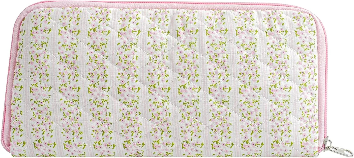 JOVAKIT Quilted Makeup Brush Holder Travel Cosmetic Bag for Women, Floral Coquette Cotton Makeup Brush Case Toiletry Zipper Make Up Pouch, Travel Storage Organizer Pouch (Pink Floral)