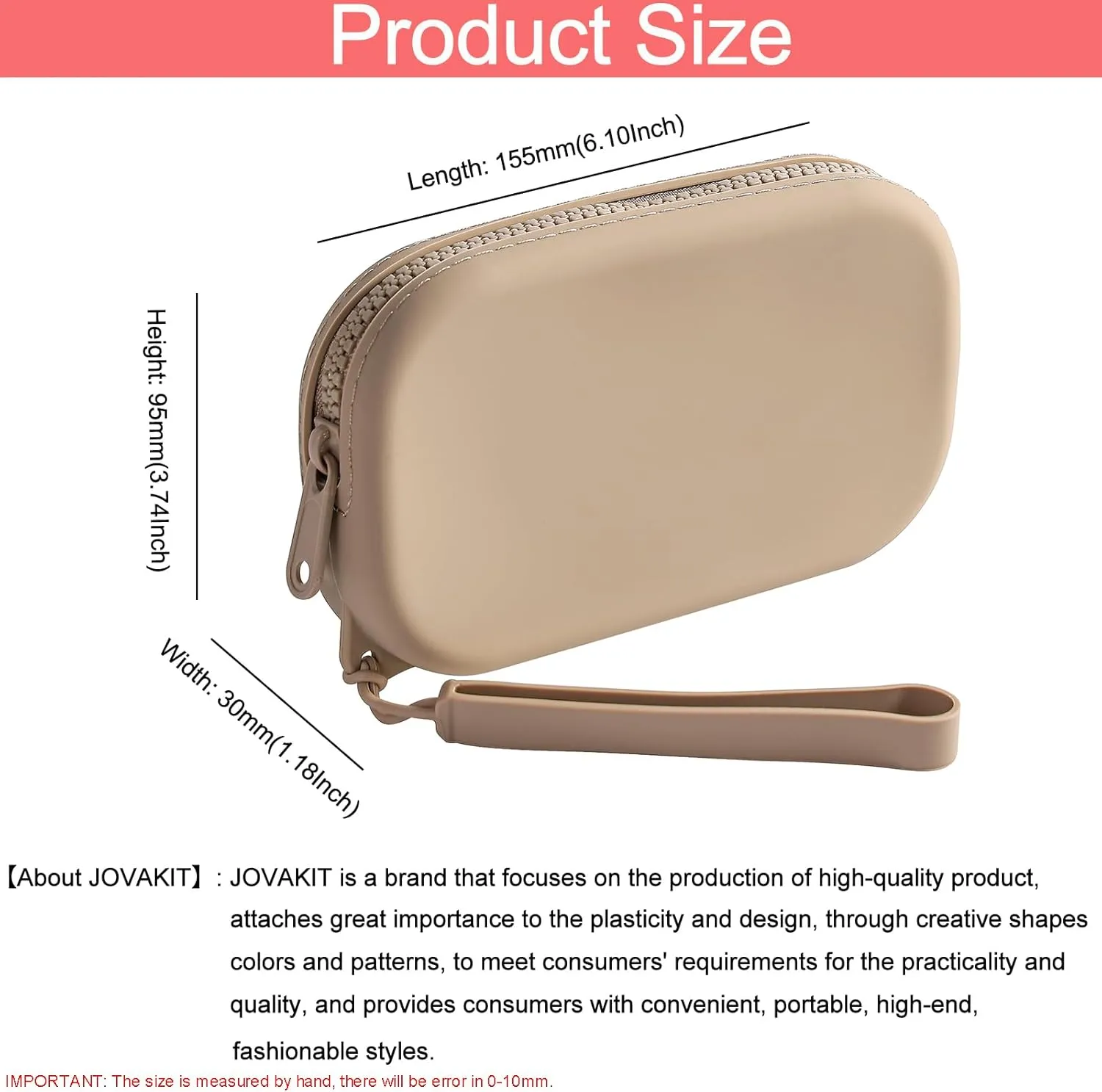 JOVAKIT Small Portable Silicone Makeup Bag for Women, Travel Waterproof Toiletry Cosmetic Bag Gifts for Women, Zipper Closure Makeup Case with Handle (Khaki)
