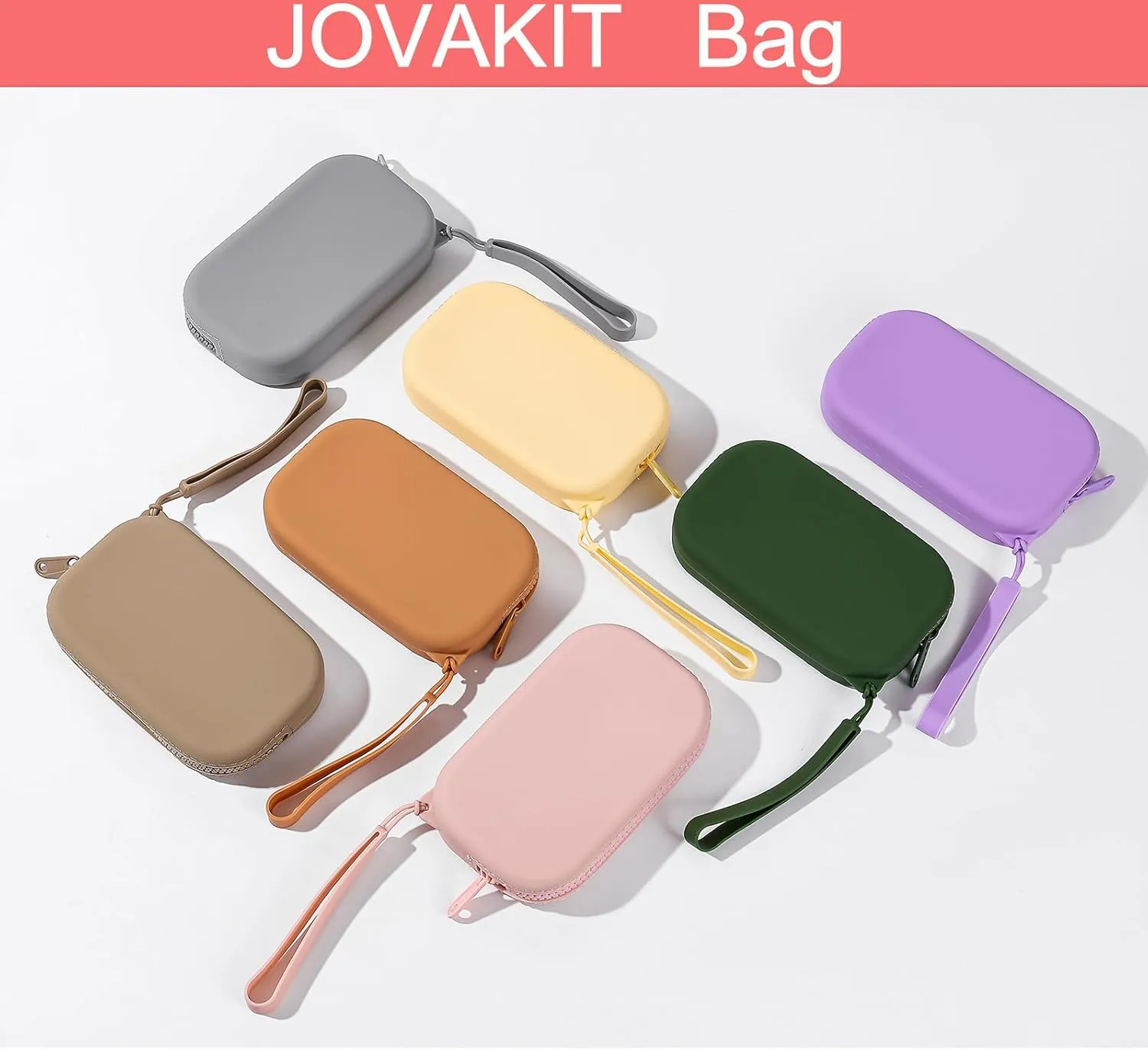 JOVAKIT Small Portable Silicone Makeup Bag for Women, Travel Waterproof Toiletry Cosmetic Bag Gifts for Women, Zipper Closure Makeup Case with Handle (Khaki)