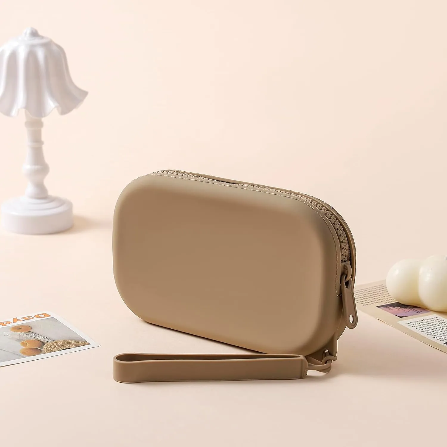 JOVAKIT Small Portable Silicone Makeup Bag for Women, Travel Waterproof Toiletry Cosmetic Bag Gifts for Women, Zipper Closure Makeup Case with Handle (Khaki)