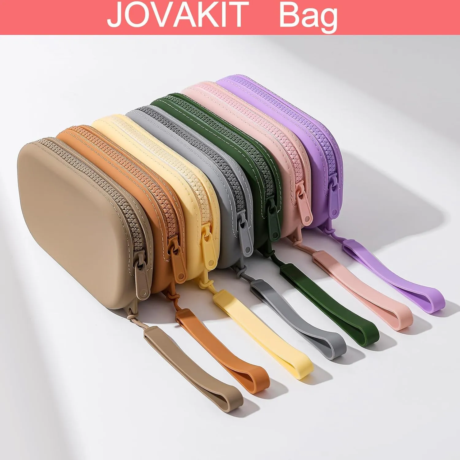 JOVAKIT Small Portable Silicone Makeup Bag for Women, Travel Waterproof Toiletry Cosmetic Bag Gifts for Women, Zipper Closure Makeup Case with Handle (Khaki)