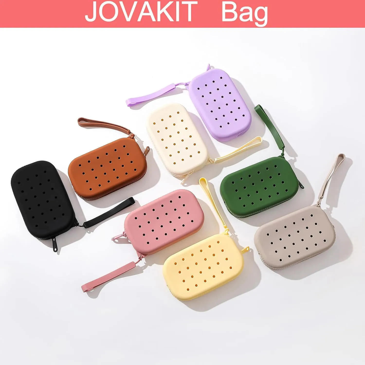 JOVAKIT Small Portable Silicone Makeup Bag for Women with Decorative Holes, Travel Waterproof Toiletry Cosmetic Bag Gifts for Women, Zipper Closure Makeup Case with Handle (Purple)