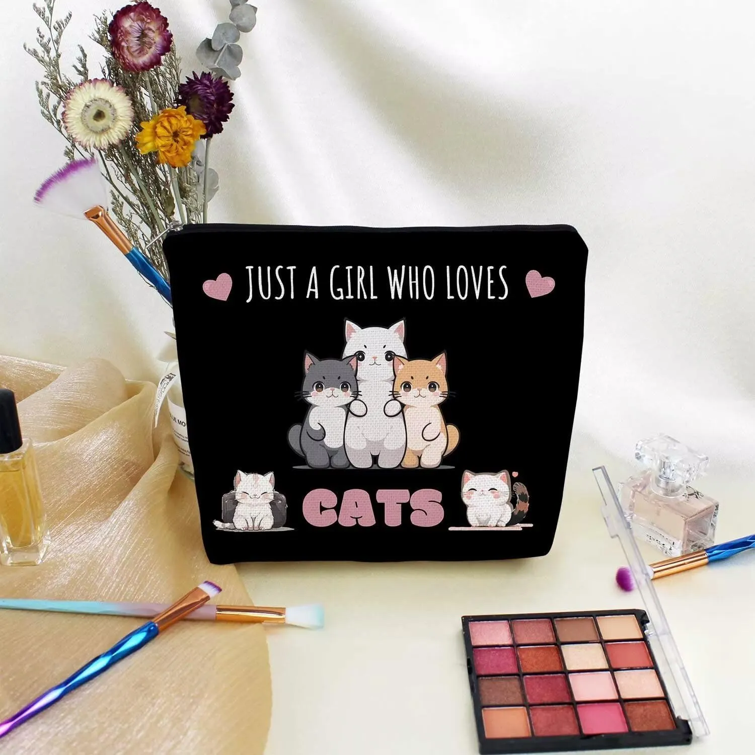 Just Love Cats Makeup Bag Black Cute Small Cosmetic Bag Organizer Zipper Pouch Kitten Kitty Birthday Present for Cats Lovers Cat Mom Women Friends