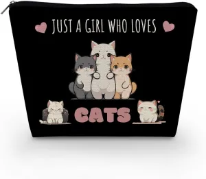 Just Love Cats Makeup Bag Black Cute Small Cosmetic Bag Organizer Zipper Pouch Kitten Kitty Birthday Present for Cats Lovers Cat Mom Women Friends