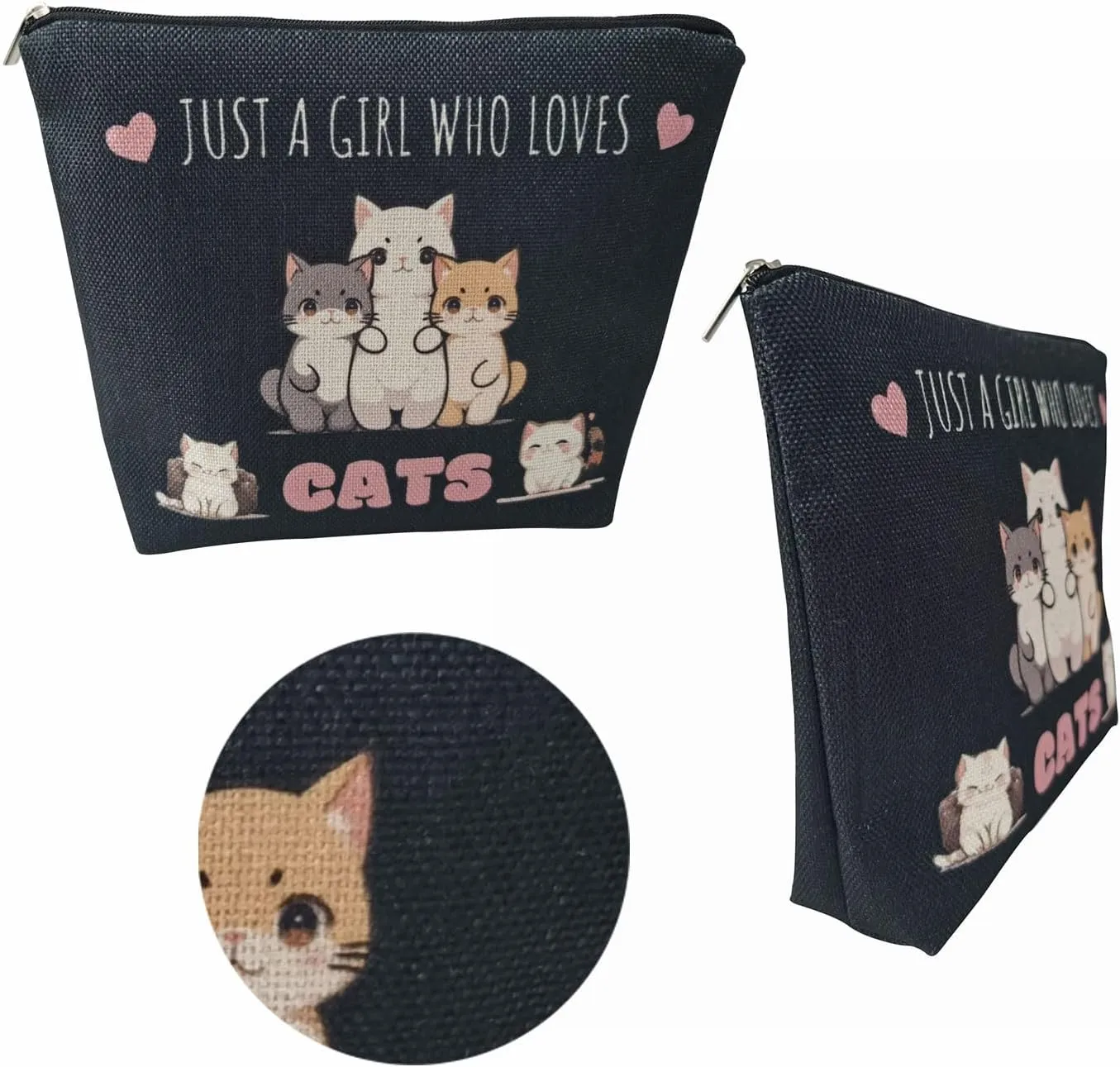 Just Love Cats Makeup Bag Black Cute Small Cosmetic Bag Organizer Zipper Pouch Kitten Kitty Birthday Present for Cats Lovers Cat Mom Women Friends