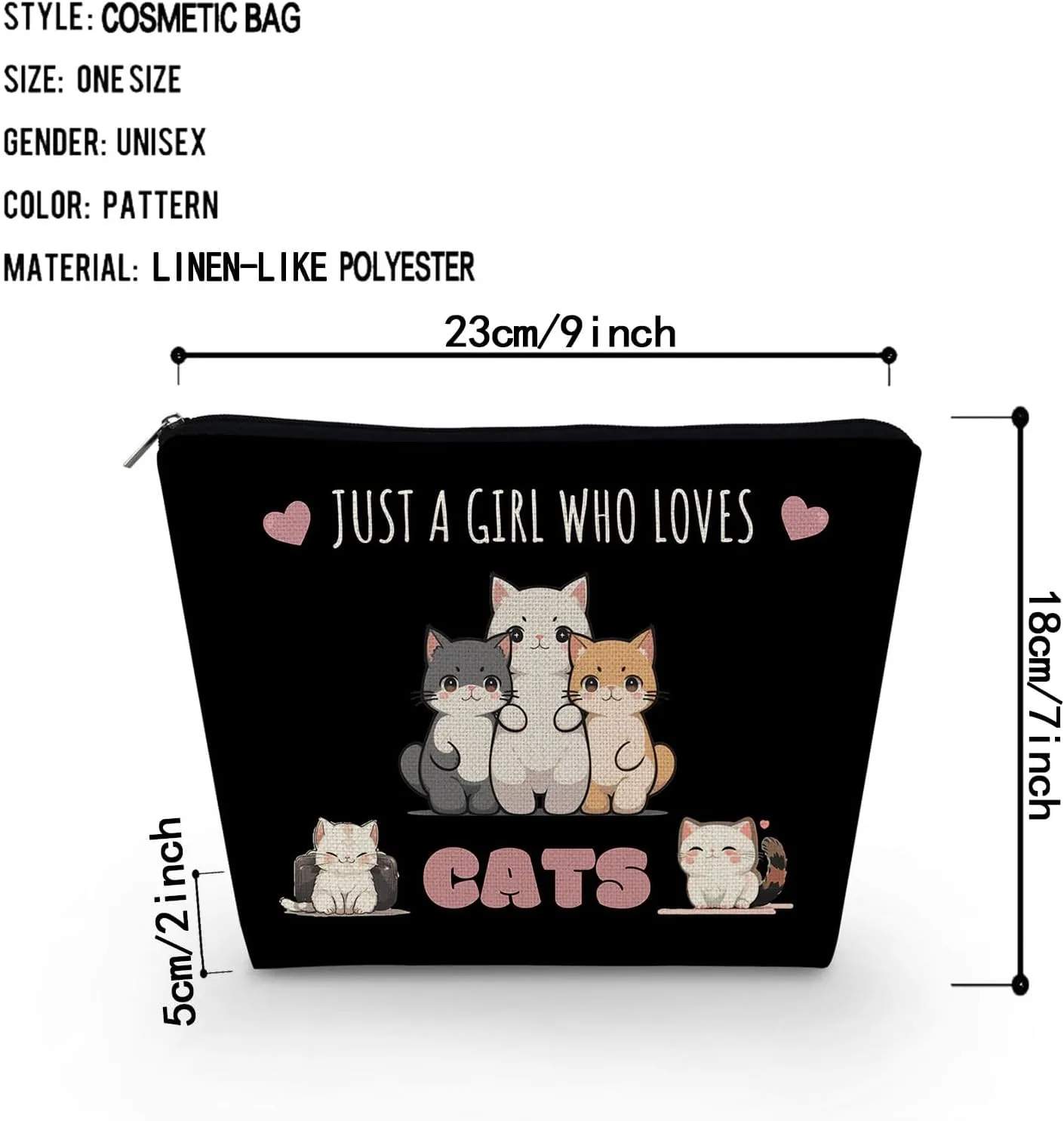 Just Love Cats Makeup Bag Black Cute Small Cosmetic Bag Organizer Zipper Pouch Kitten Kitty Birthday Present for Cats Lovers Cat Mom Women Friends