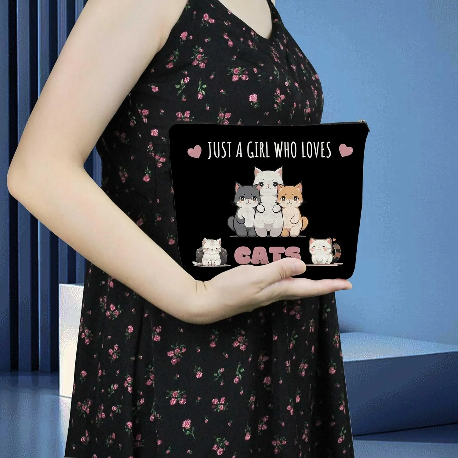 Just Love Cats Makeup Bag Black Cute Small Cosmetic Bag Organizer Zipper Pouch Kitten Kitty Birthday Present for Cats Lovers Cat Mom Women Friends