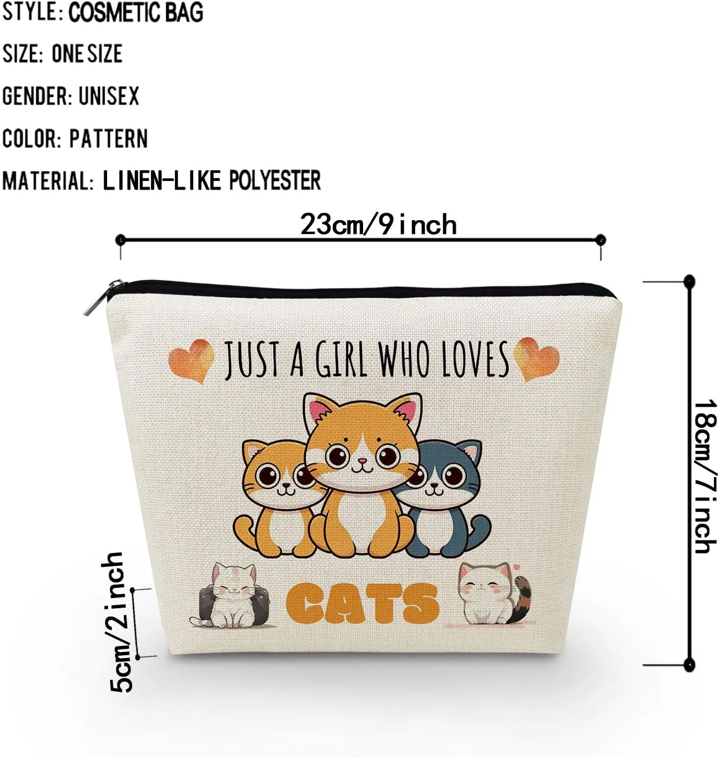 Just Love Cats Makeup Bag Cartoon Ginger Cat Pattern Canvas Organizer Zipper Pouch Lovely Cartoon Cat Kitten Cosmetic Bag Birthday Present for Cat Lovers Cat Mom Women