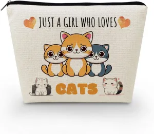 Just Love Cats Makeup Bag Cartoon Ginger Cat Pattern Canvas Organizer Zipper Pouch Lovely Cartoon Cat Kitten Cosmetic Bag Birthday Present for Cat Lovers Cat Mom Women