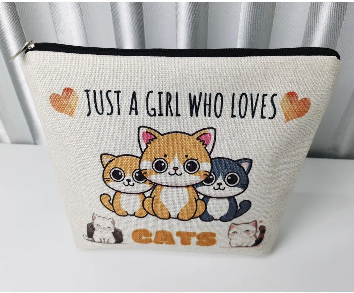 Just Love Cats Makeup Bag Cartoon Ginger Cat Pattern Canvas Organizer Zipper Pouch Lovely Cartoon Cat Kitten Cosmetic Bag Birthday Present for Cat Lovers Cat Mom Women