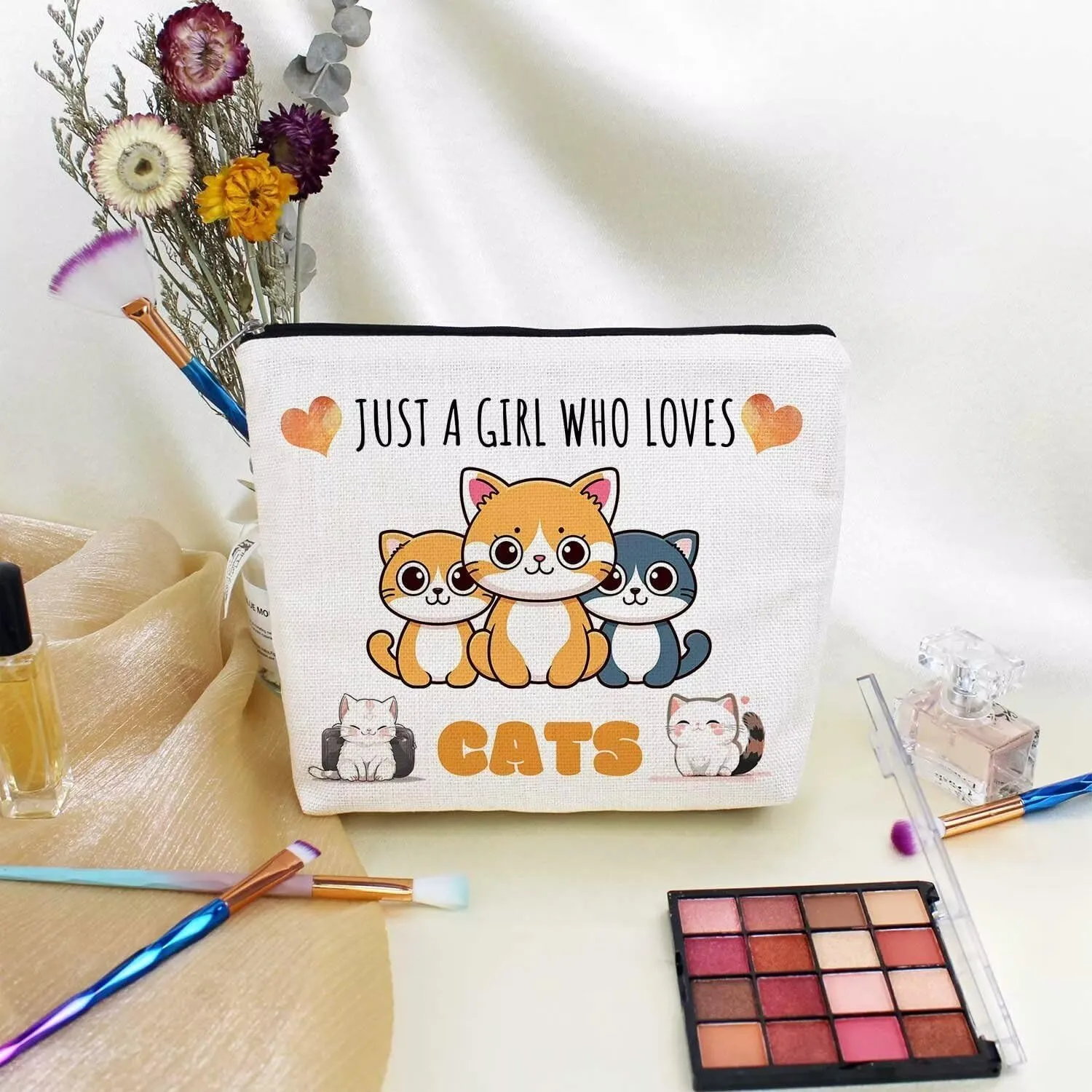 Just Love Cats Makeup Bag Cartoon Ginger Cat Pattern Canvas Organizer Zipper Pouch Lovely Cartoon Cat Kitten Cosmetic Bag Birthday Present for Cat Lovers Cat Mom Women