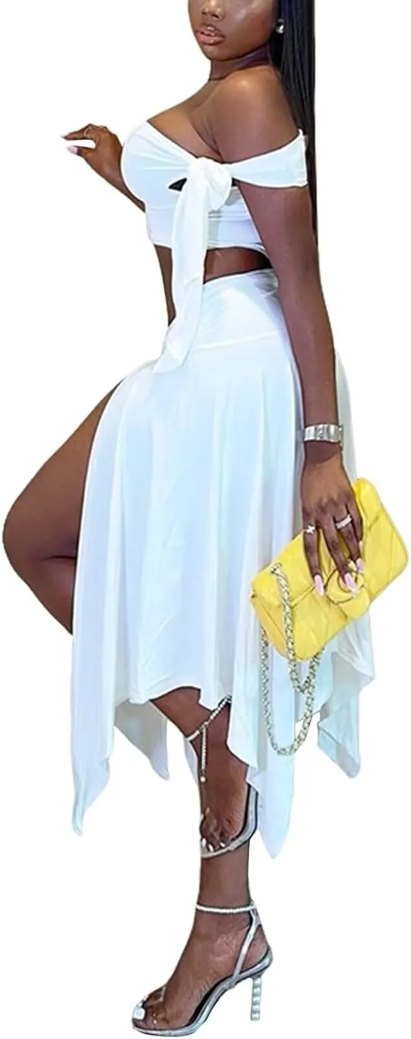 Kafiloe Women 2 Piece Skirt Sets Sexy One Off Shoulder Crop Top Ruched Waist High Split Maxi Dress Birthday Outfits
