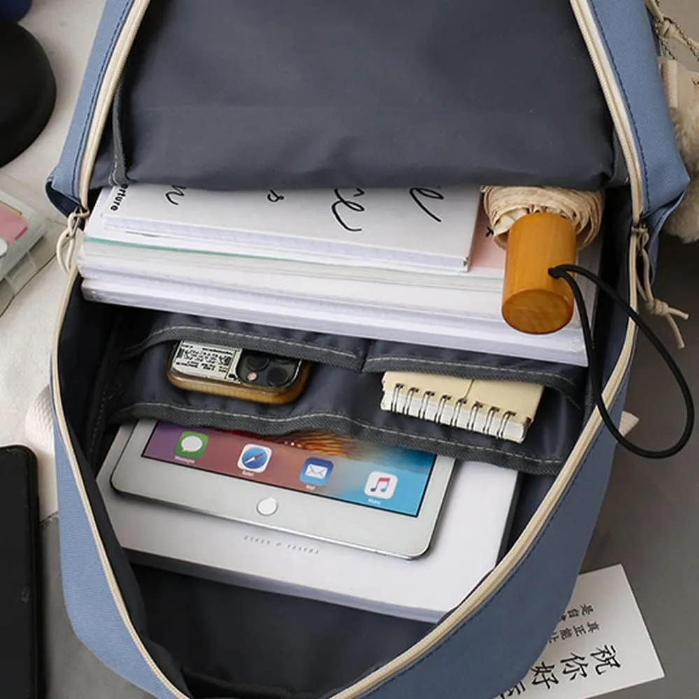 Kawaii Aesthetic School Backpack 5Pcs Combo Set with Cute Bear Pendant Pins Daypack Small Laptop School Bag Essential Kit