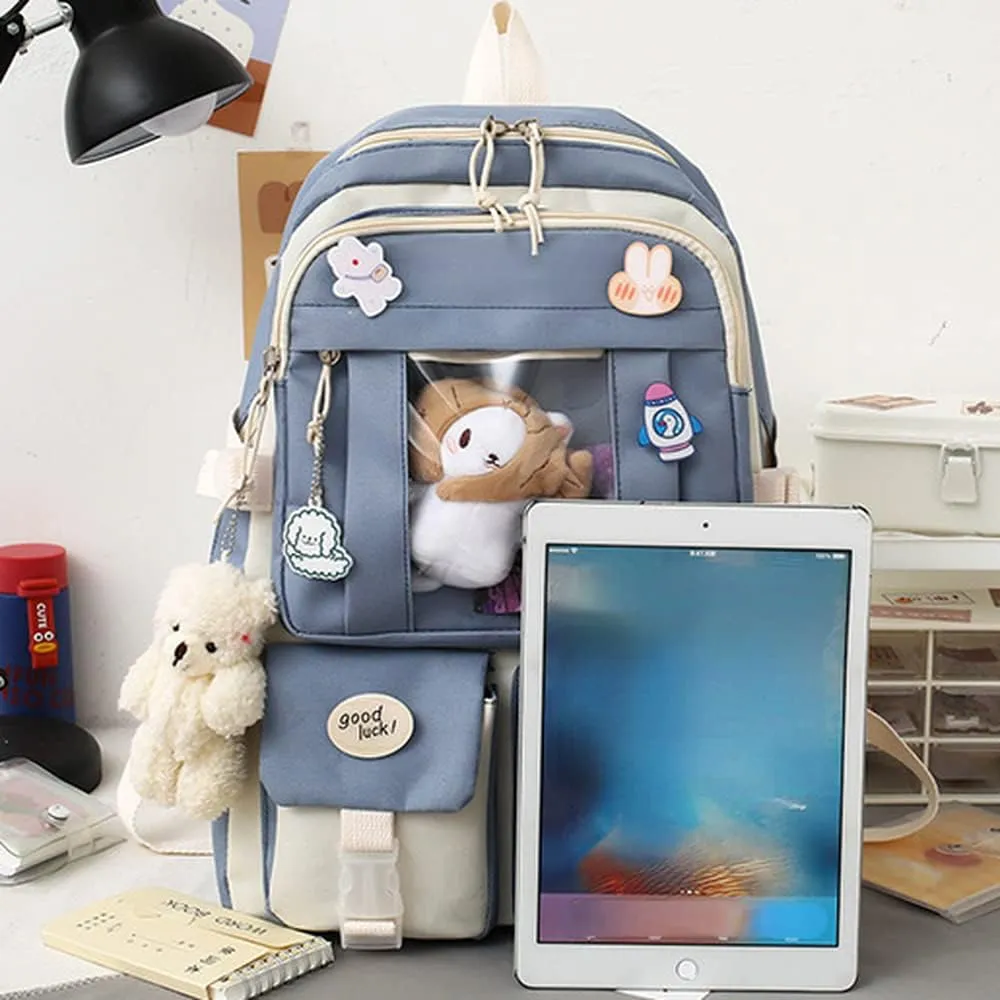 Kawaii Aesthetic School Backpack 5Pcs Combo Set with Cute Bear Pendant Pins Daypack Small Laptop School Bag Essential Kit