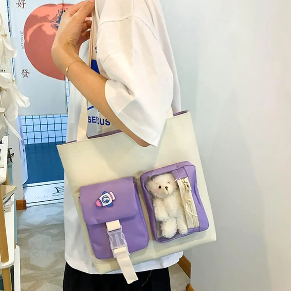 Kawaii Aesthetic School Backpack 5Pcs Combo Set with Cute Bear Pendant Pins Daypack Small Laptop School Bag Essential Kit