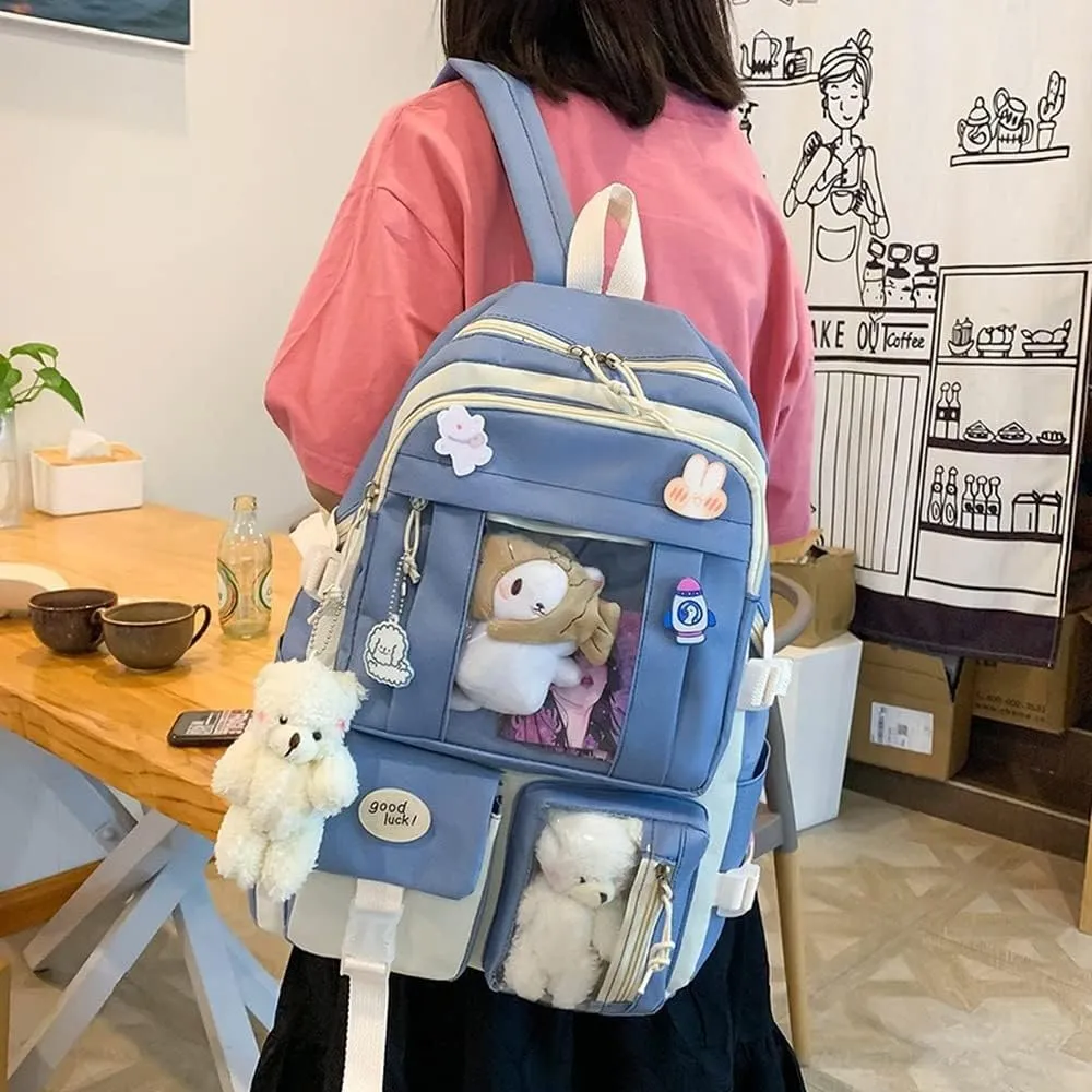 Kawaii Aesthetic School Backpack 5Pcs Combo Set with Cute Bear Pendant Pins Daypack Small Laptop School Bag Essential Kit