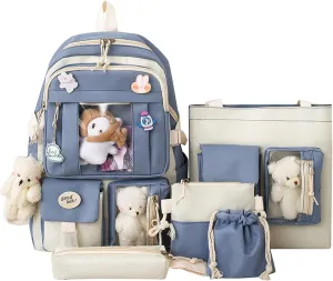 Kawaii Aesthetic School Backpack 5Pcs Combo Set with Cute Bear Pendant Pins Daypack Small Laptop School Bag Essential Kit