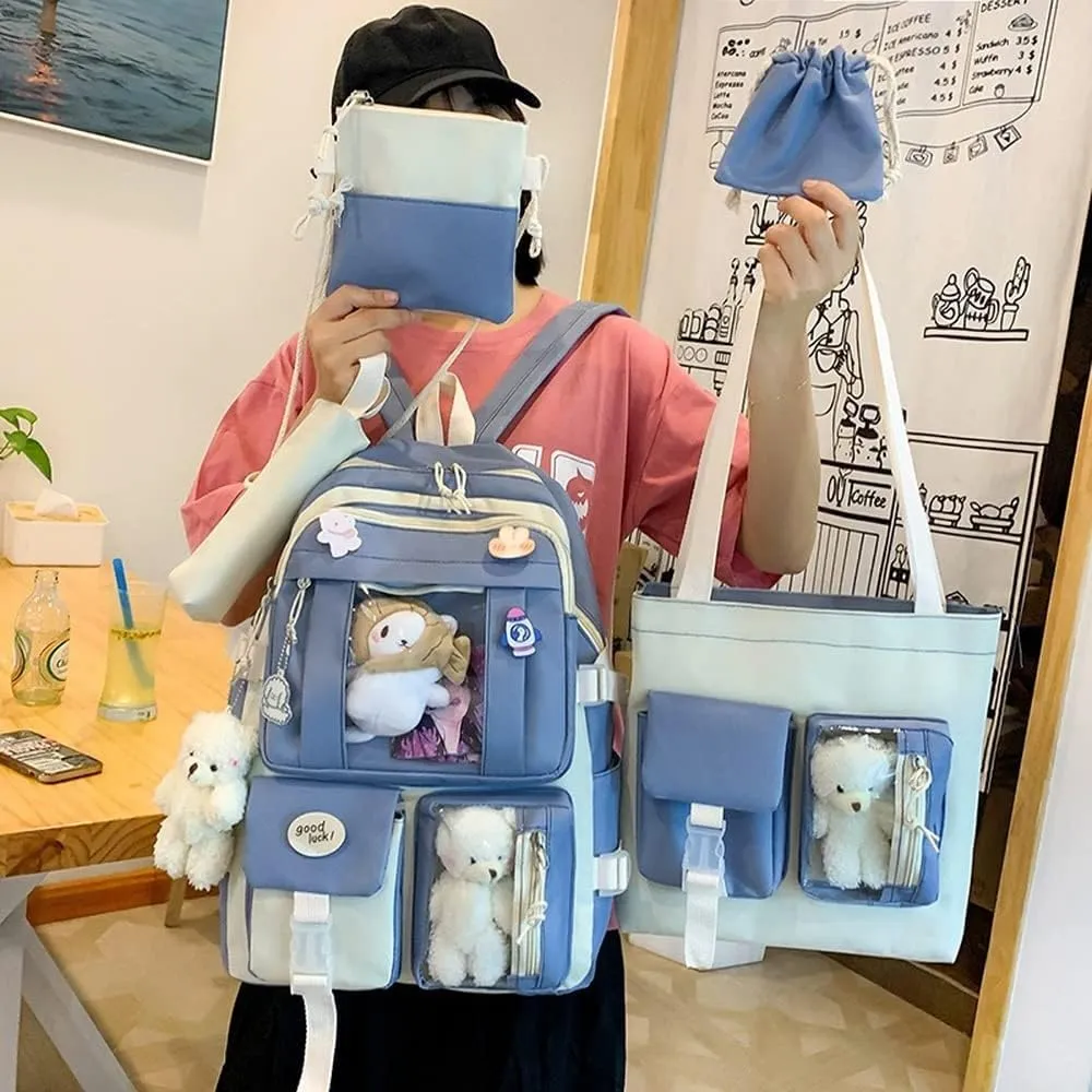 Kawaii Aesthetic School Backpack 5Pcs Combo Set with Cute Bear Pendant Pins Daypack Small Laptop School Bag Essential Kit