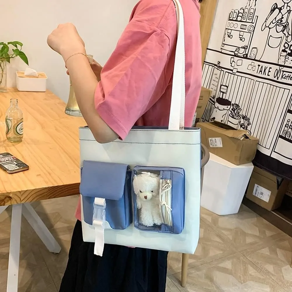 Kawaii Aesthetic School Backpack 5Pcs Combo Set with Cute Bear Pendant Pins Daypack Small Laptop School Bag Essential Kit