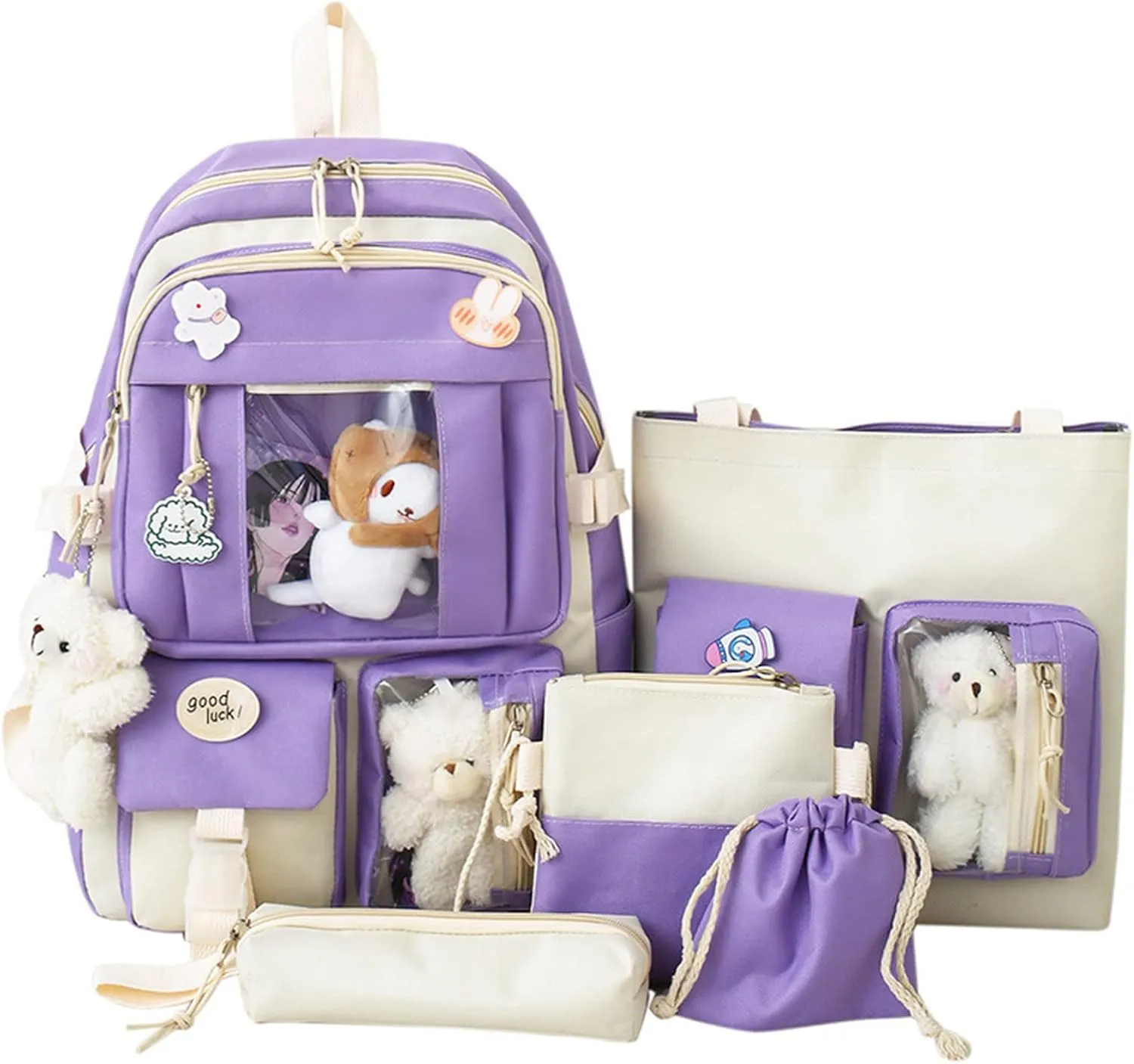 Kawaii Aesthetic School Backpack 5Pcs Combo Set with Cute Bear Pendant Pins Daypack Small Laptop School Bag Essential Kit