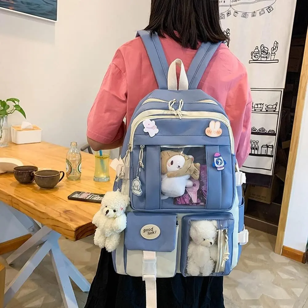 Kawaii Aesthetic School Backpack 5Pcs Combo Set with Cute Bear Pendant Pins Daypack Small Laptop School Bag Essential Kit