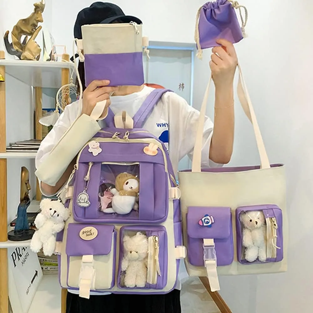 Kawaii Aesthetic School Backpack 5Pcs Combo Set with Cute Bear Pendant Pins Daypack Small Laptop School Bag Essential Kit