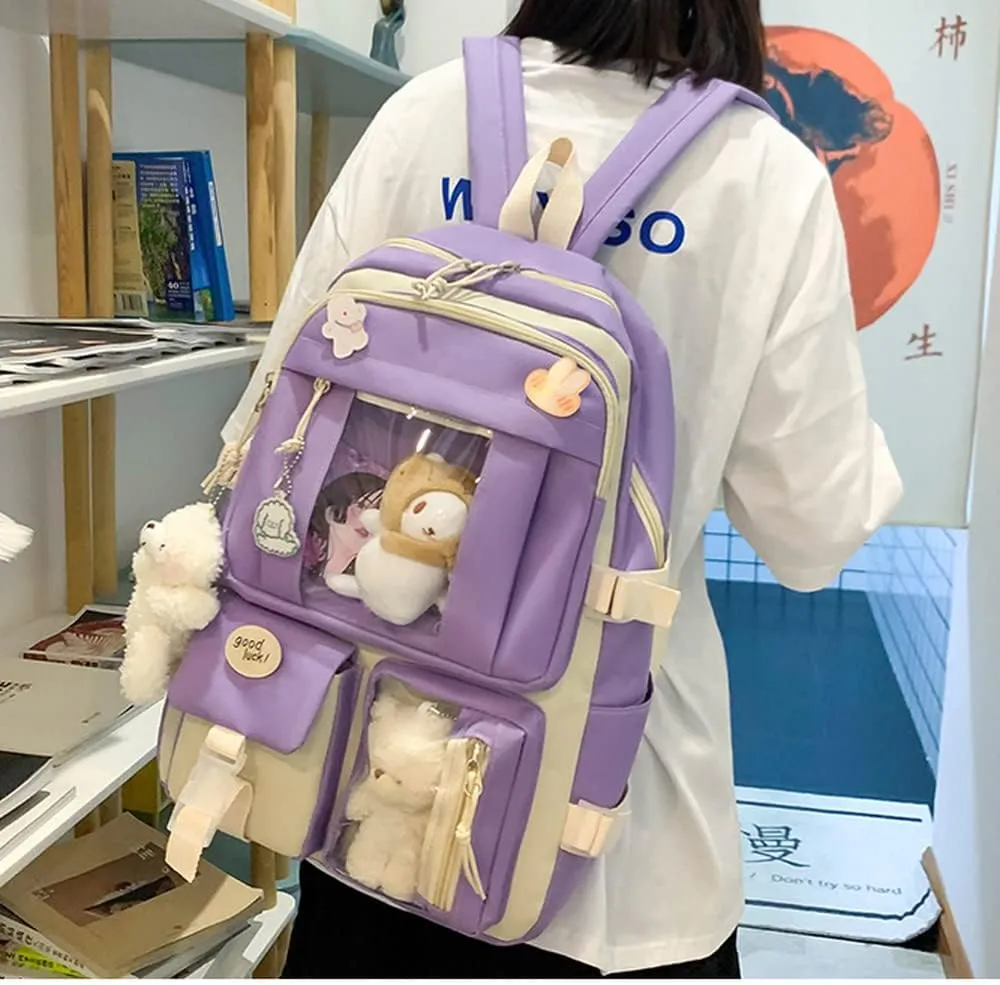 Kawaii Aesthetic School Backpack 5Pcs Combo Set with Cute Bear Pendant Pins Daypack Small Laptop School Bag Essential Kit